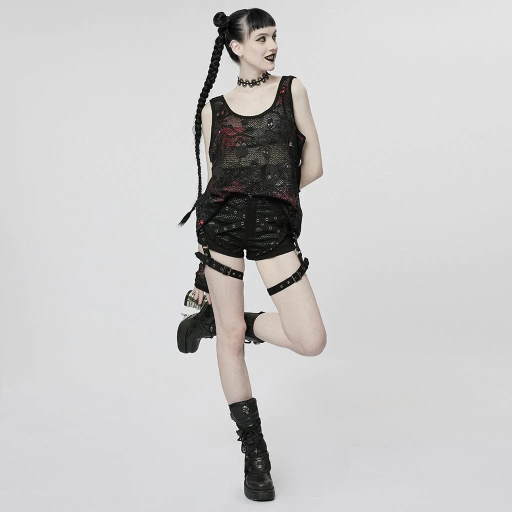 PUNK RAVE Damen Punk Skull Mesh Tank Top mit Ärmelschonern