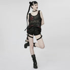 PUNK RAVE Damen Punk Skull Mesh Tank Top mit Ärmelschonern