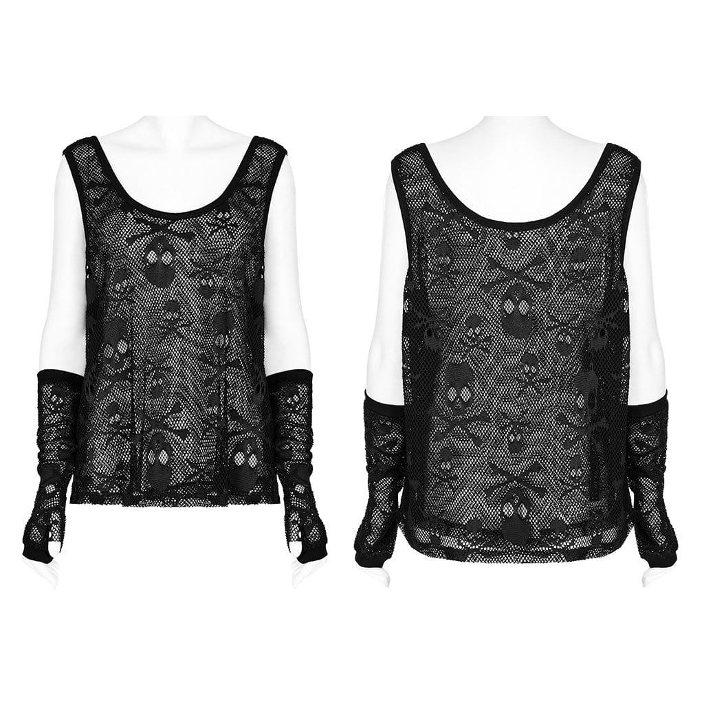 PUNK RAVE Damen Punk Skull Mesh Tank Top mit Ärmelschonern