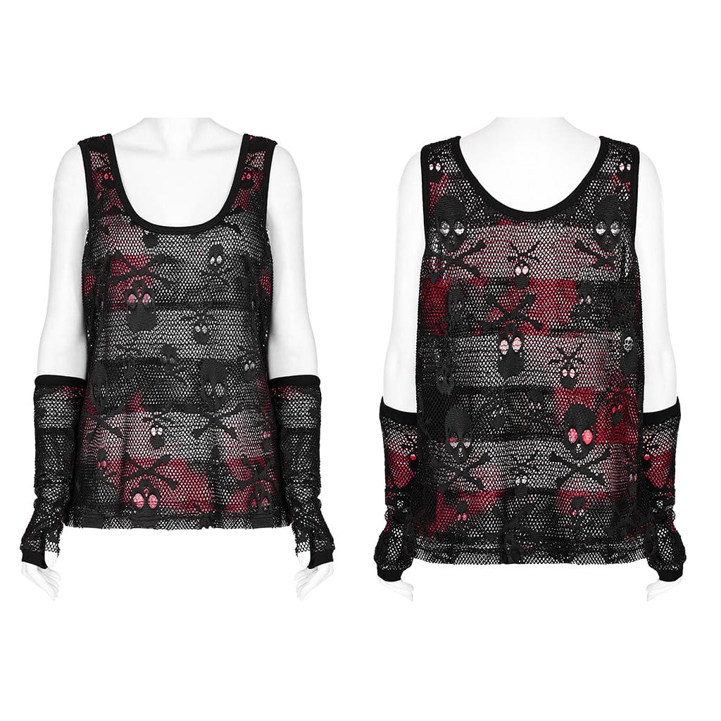PUNK RAVE Damen Punk Skull Mesh Tank Top mit Ärmelschonern