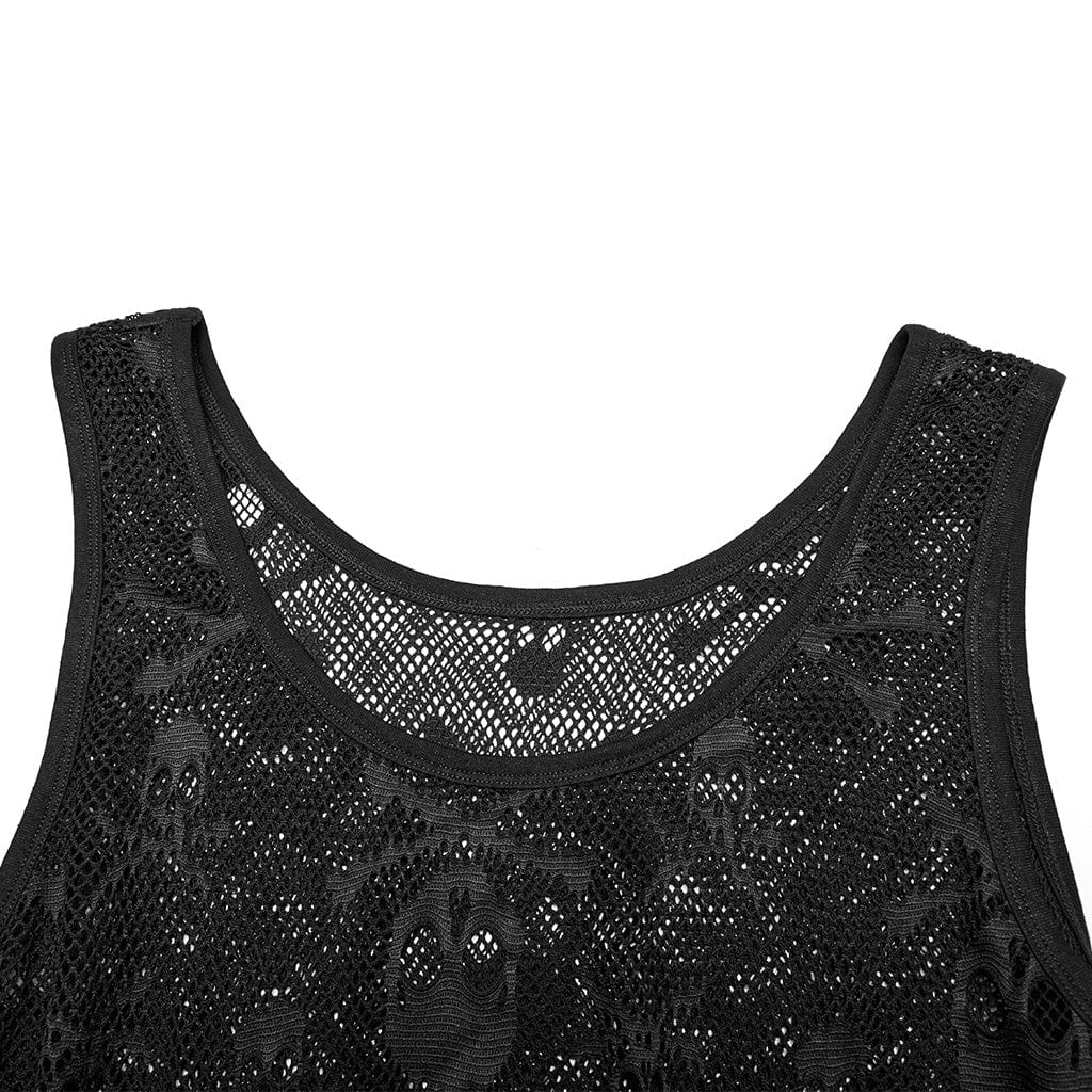 PUNK RAVE Women's Punk Skull Mesh Tank Top with Oversleeves