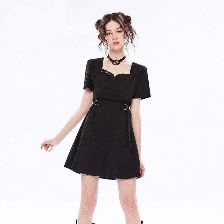 PUNK RAVE Women's Punk Square Collar Black Little Dress