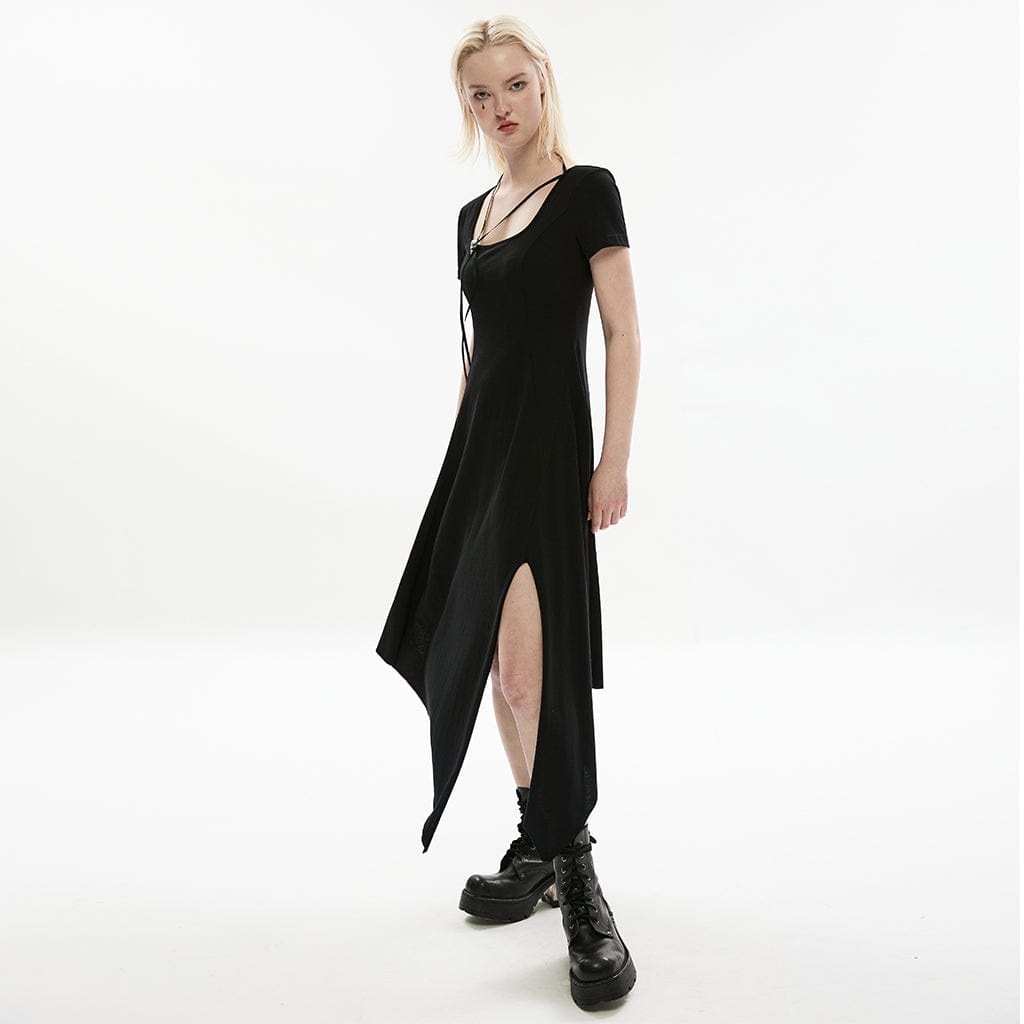 Punk Rave Women's Punk Square Collar Side Slit Irregular Hem Maxi Dress