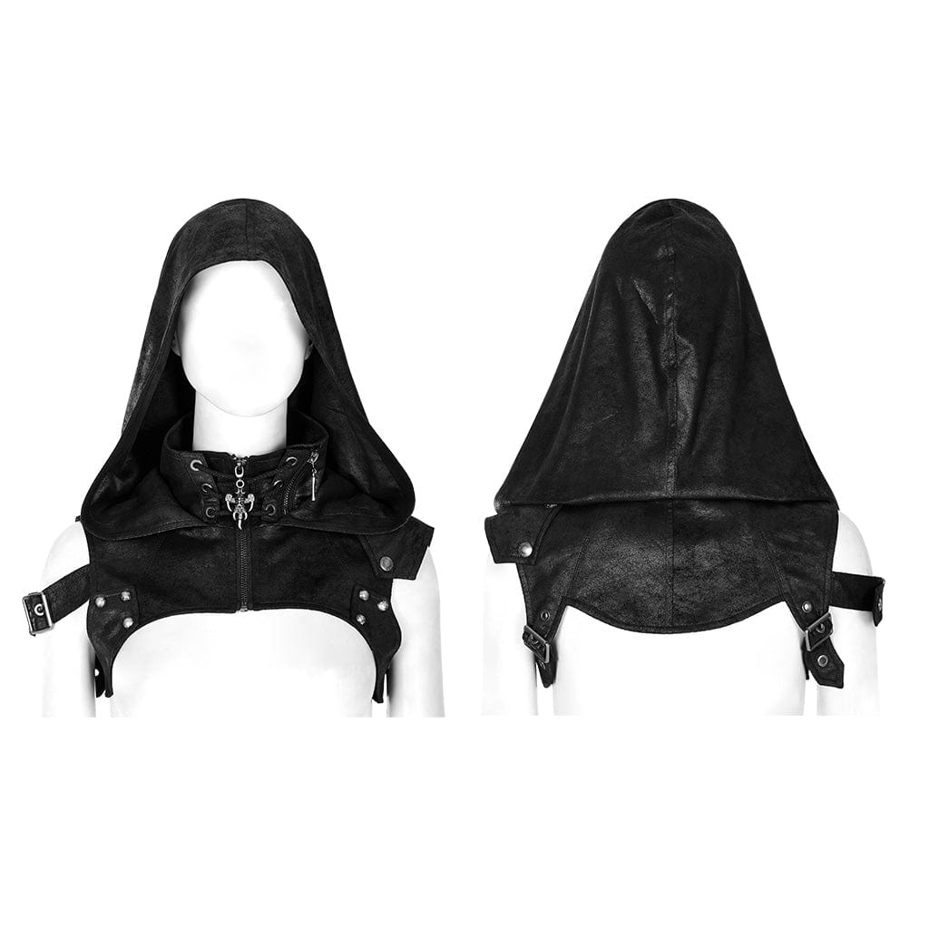 PUNK RAVE Women's Punk Stand Collar Buckle Cape with Hood