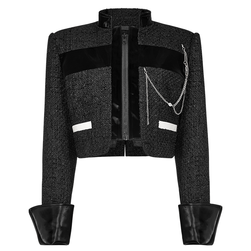 PUNK RAVE Women's Punk Stand Collar Faux Leather Splice Jacket with Chain