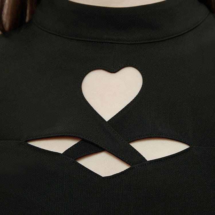 PUNK RAVE Women's Punk Stand Collar Love Heart Cutout Black Little Dress