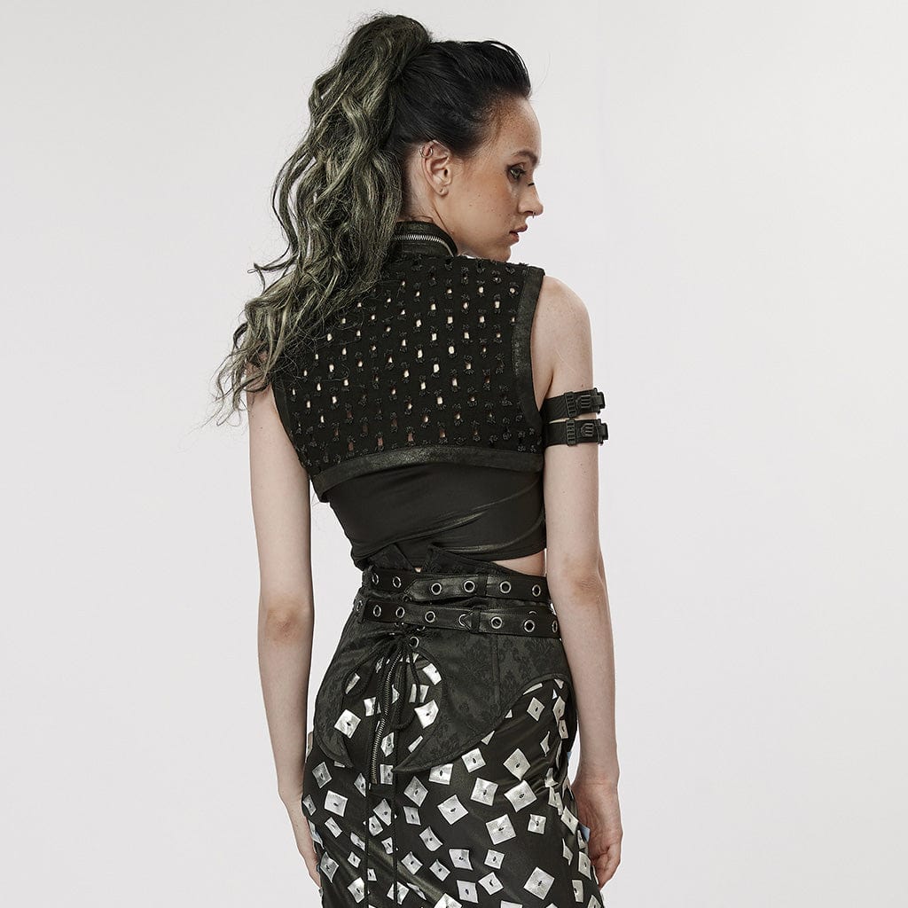 PUNK RAVE Damen Punk Stehkragen Zerrissener Umhang