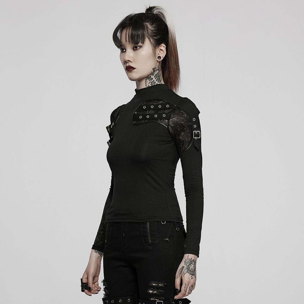 PUNK RAVE Women's Punk Stand Collar Splice Long Sleeved Shirt