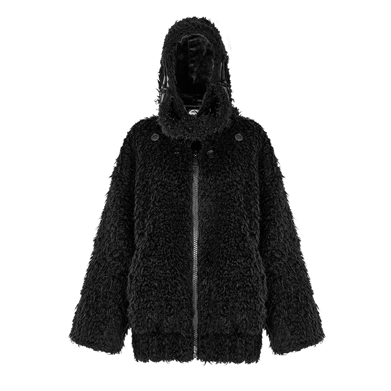 PUNK RAVE Women's Punk Stand Collar Woolen Coat with Hood