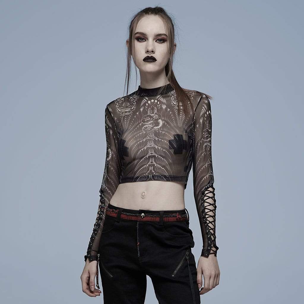 Damen Punk Strappy Skull Printed Sheer Mesh Top