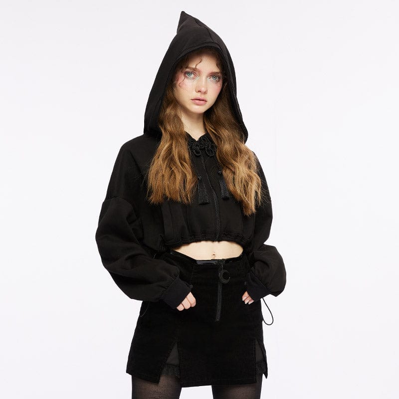 PUNK RAVE Women's Punk Tassels Knot Drawstring Jacket with Witch Hood
