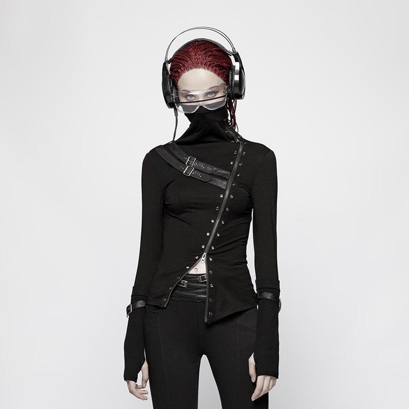 Women's Punk Turtleneck Side Zip Long Sleeved T-shirt With Straps