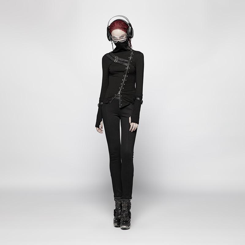 Women's Punk Turtleneck Side Zip Long Sleeved T-shirt With Straps