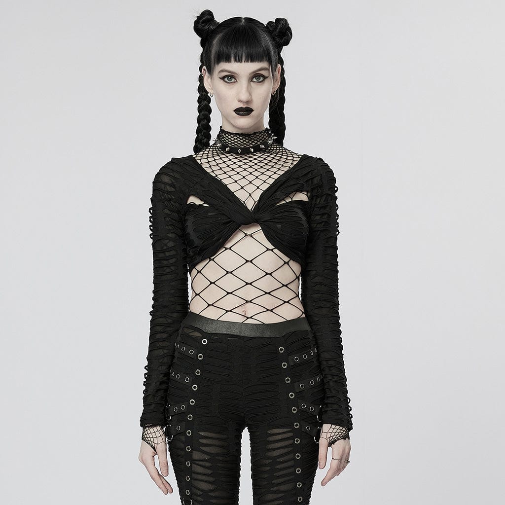 PUNK RAVE Damen Punk Twining Ripped Crop Top