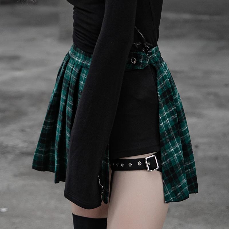Women's Punk Two-Piece Irregular A-Line Plaid Pleated Skirts