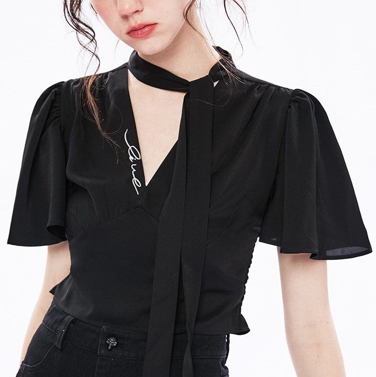 PUNK RAVE Women's Punk V-neck Puff Sleeved Chiffon Top With Tie