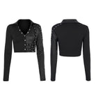 PUNK RAVE Women's Punk V-neck Splice Rivets Long Sleeved Crop Top