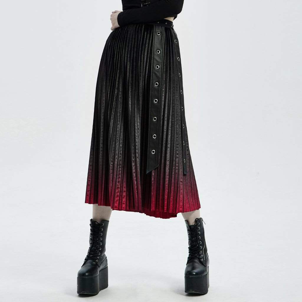 Women's Punk Velet Mid-length Pleated Skirts with Belts
