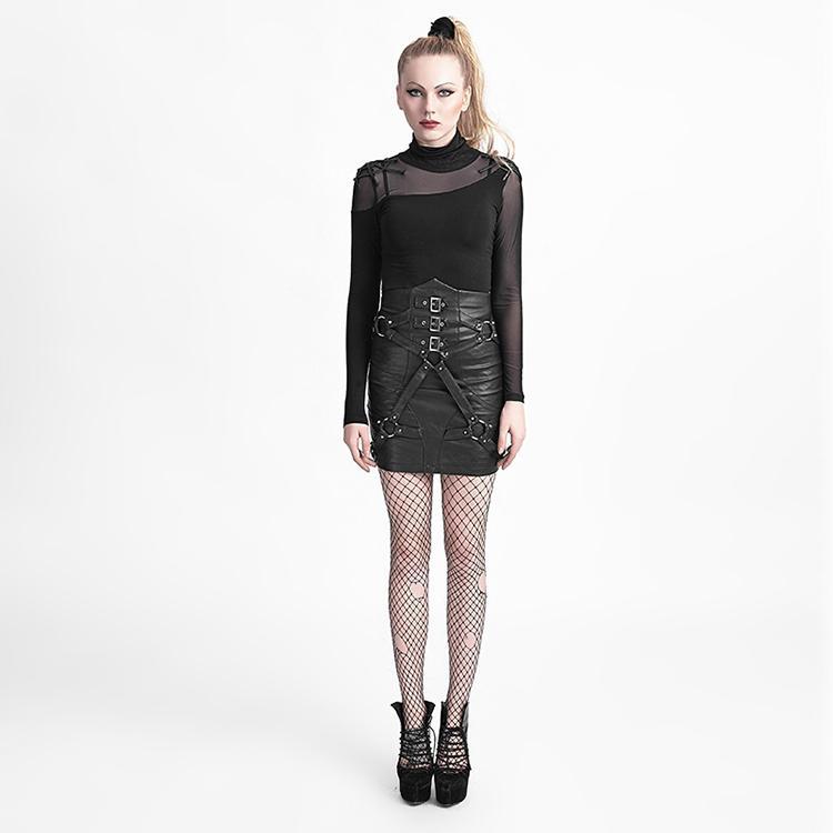 Punk Rave Gothic Women's Black Pleated High Waisted Mini Dress with V Neck and Buckle Belt Straps