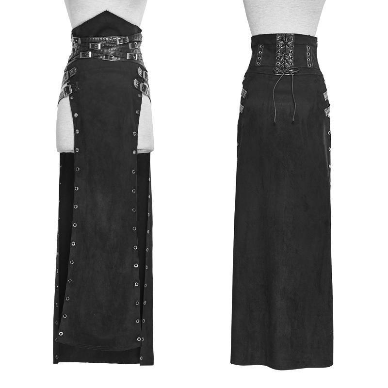 Women's Steampunk Buckle Up Side Slit Maxi Skirt