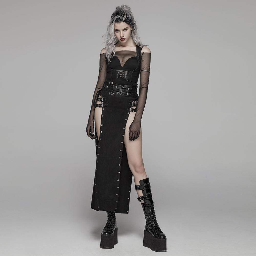 Women's Steampunk Buckle Up Side Slit Maxi Skirt – Punk Design