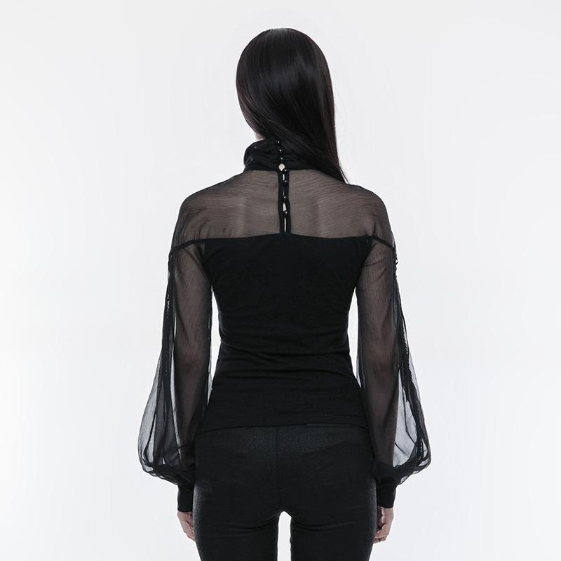 Women's Gothic Perspective Net Colorblock Cotton Lantern Sleeve Standard Tops