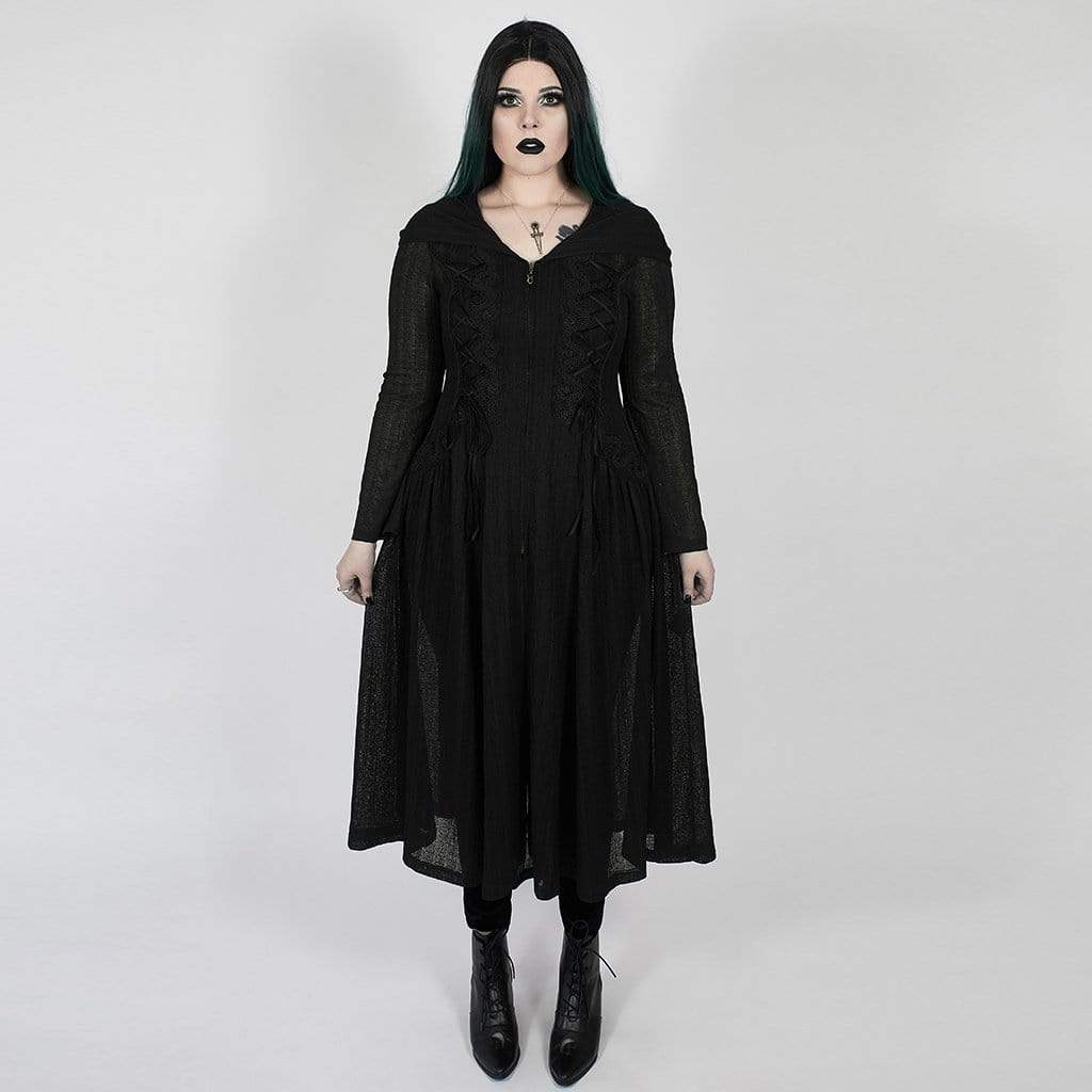 Women's Victorian Gothic Black Sheer Princess Cut Hooded Long Coat