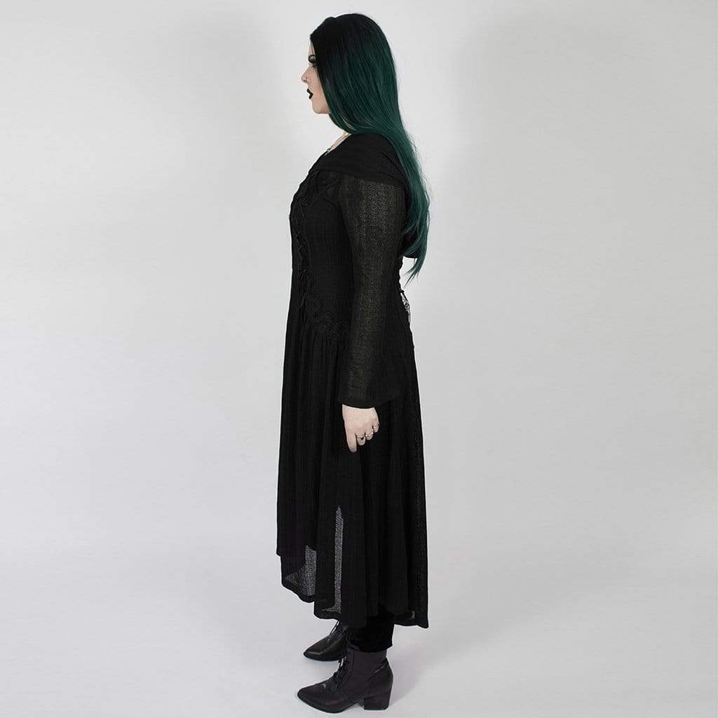 Women's Victorian Gothic Black Sheer Princess Cut Hooded Long Coat