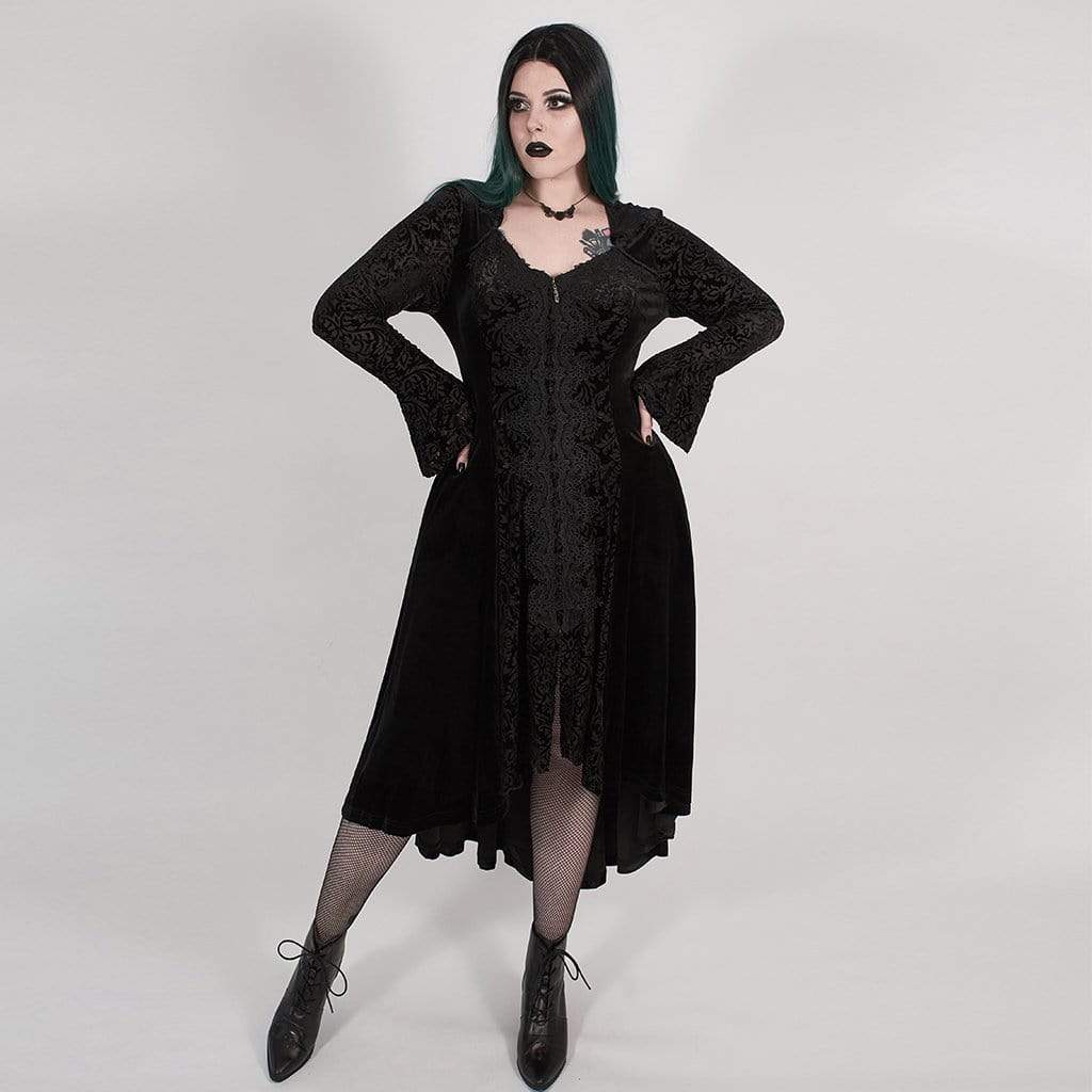 Women's Victorian Gothic Black Velvet and Lace Hooded Long Coat