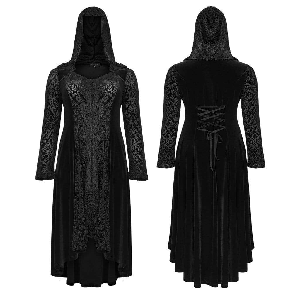 Women's Victorian Gothic Black Velvet and Lace Hooded Long Coat