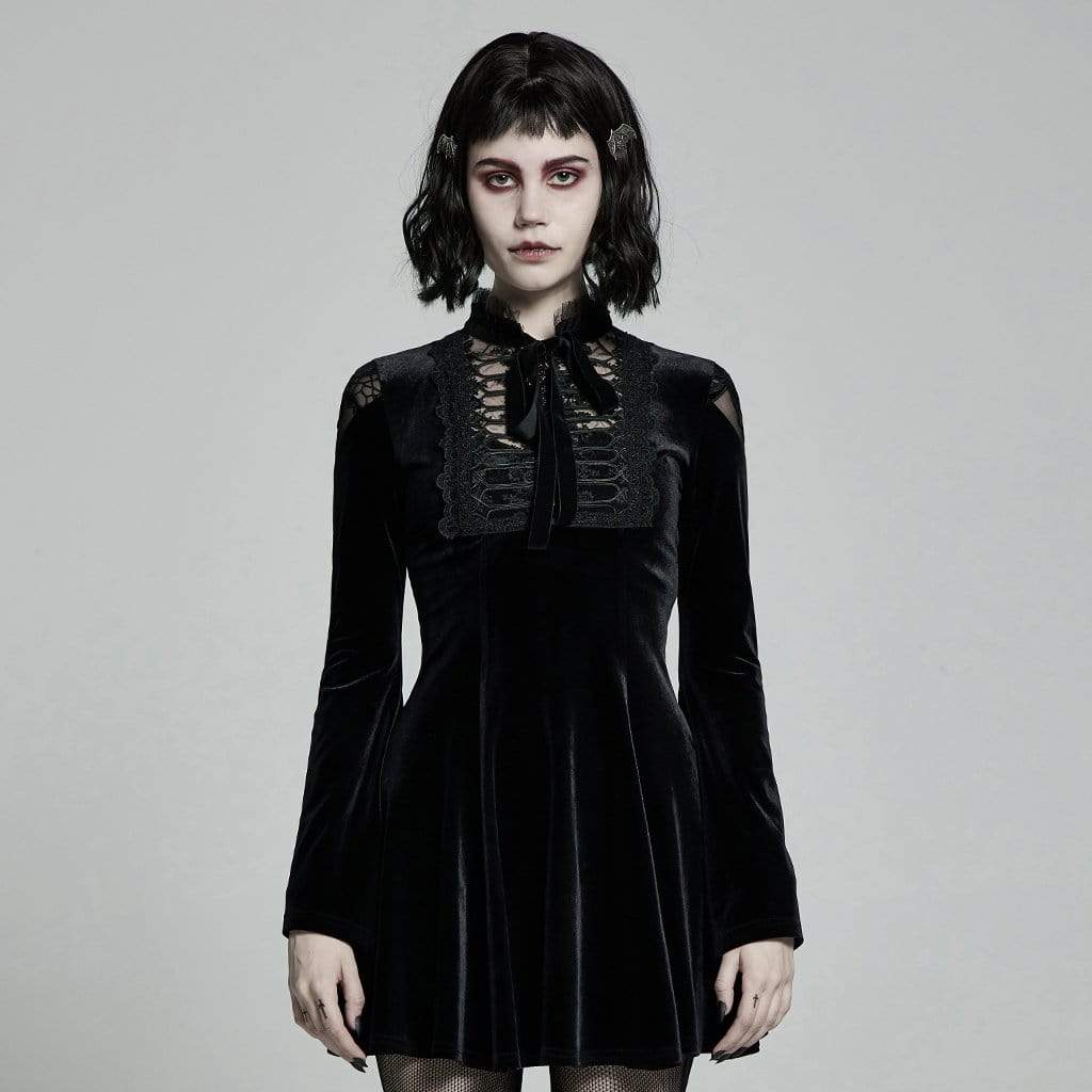 Women's Victorian Gothic Flare Sleeved Velet Black Little Dresses With Bow  Tie – Punk Design
