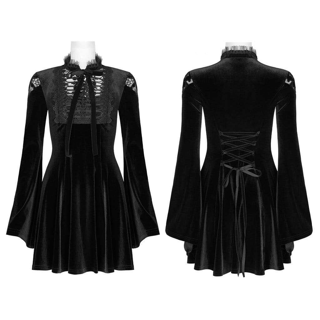 Women's Victorian Gothic Flare Sleeved Velet Black Little Dresses with Bow Tie