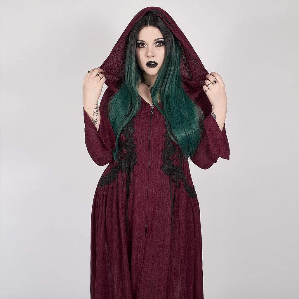 Women's Victorian Gothic Red Sheer Princess Cut Hooded Long Coat