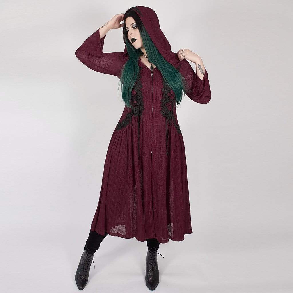 Women's Victorian Gothic Red Sheer Princess Cut Hooded Long Coat