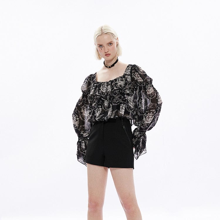 Punk Rave Women's Vintage Baroque Printed Square Collar Puff Sleeved Chiffon Top