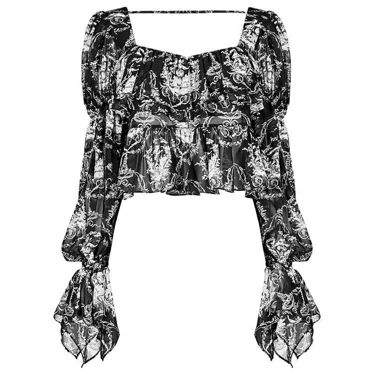 Punk Rave Women's Vintage Baroque Printed Square Collar Puff Sleeved Chiffon Top