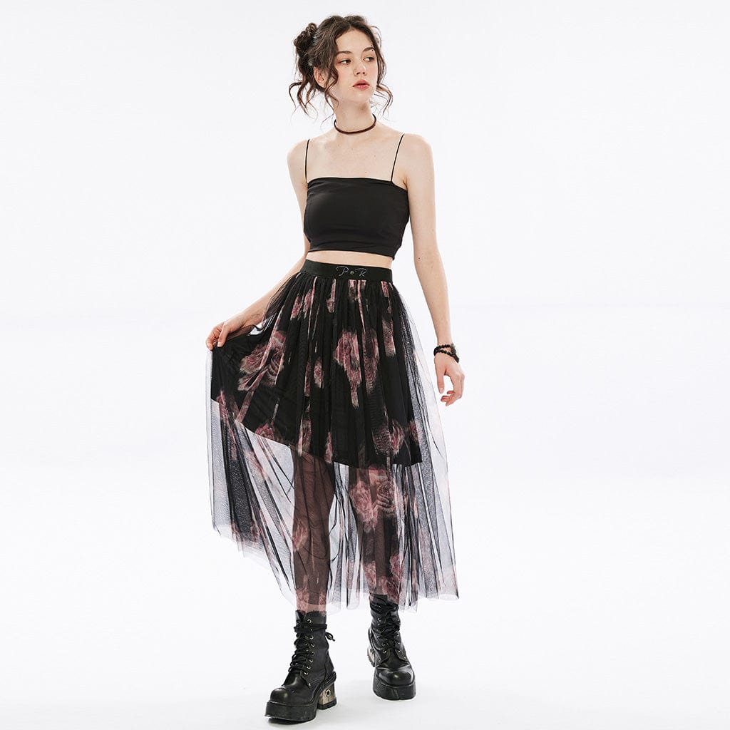 PUNK RAVE Women's Vintage Floral Sheer Mesh Maxi Skirt
