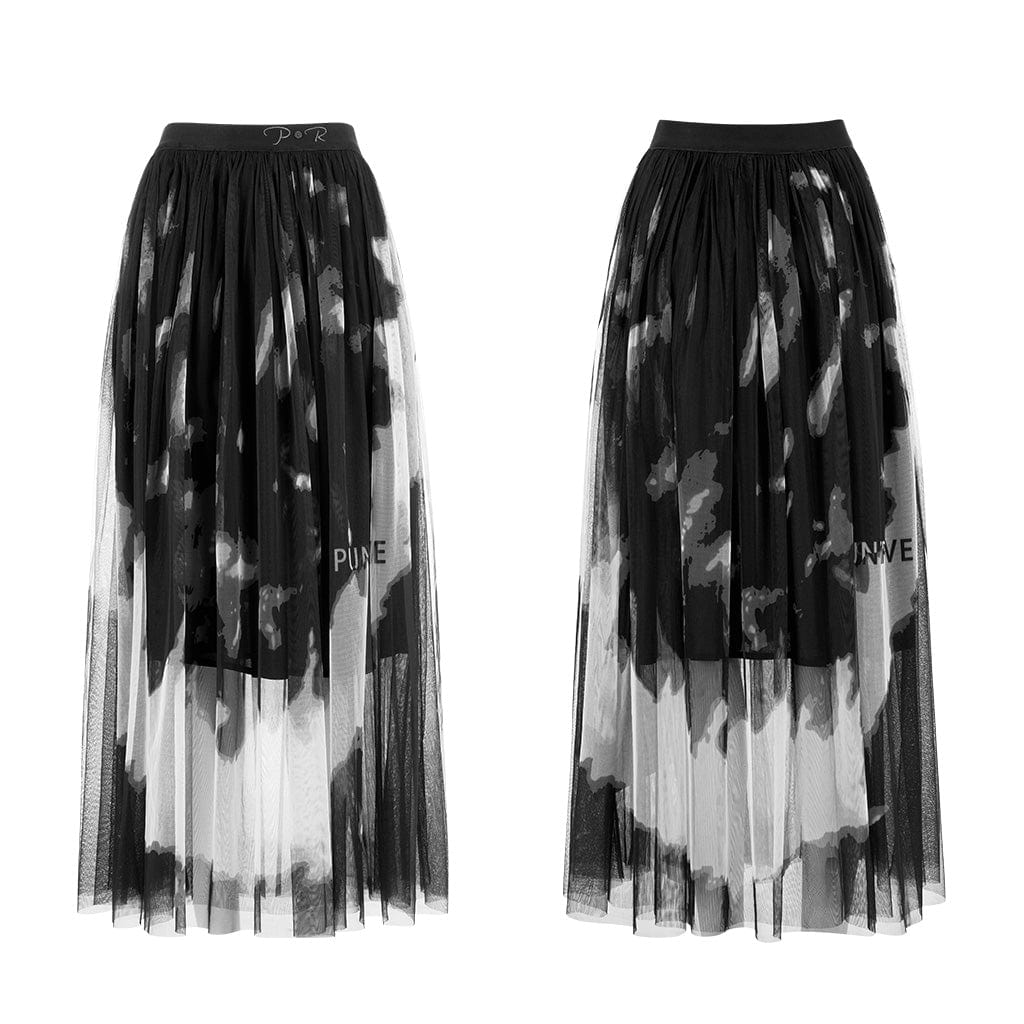 PUNK RAVE Women's Vintage Floral Sheer Mesh Maxi Skirt