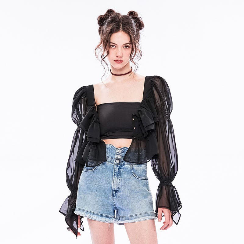 Punk Rave Women's Vintage Puff Sleeved Square Collar Multilayer Chiffon Top
