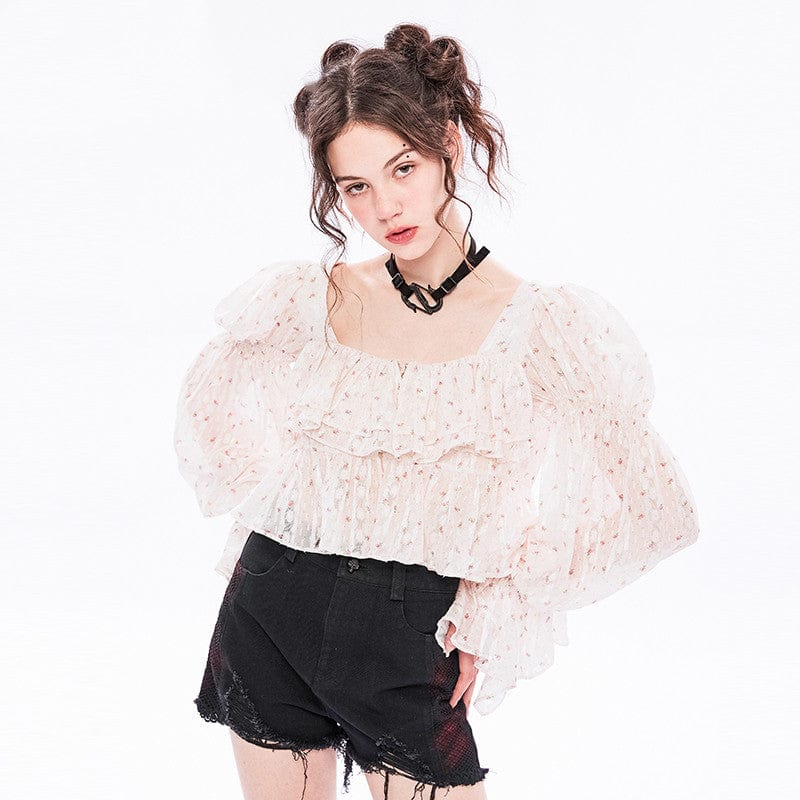 Punk Rave Women's Vintage Puff Sleeved Square Collar Multilayer Chiffon Top