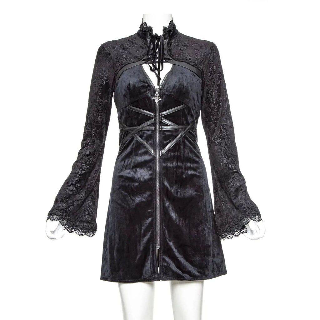RNG Women's Gothic Plunging Embossing Mock Two-piece Dress