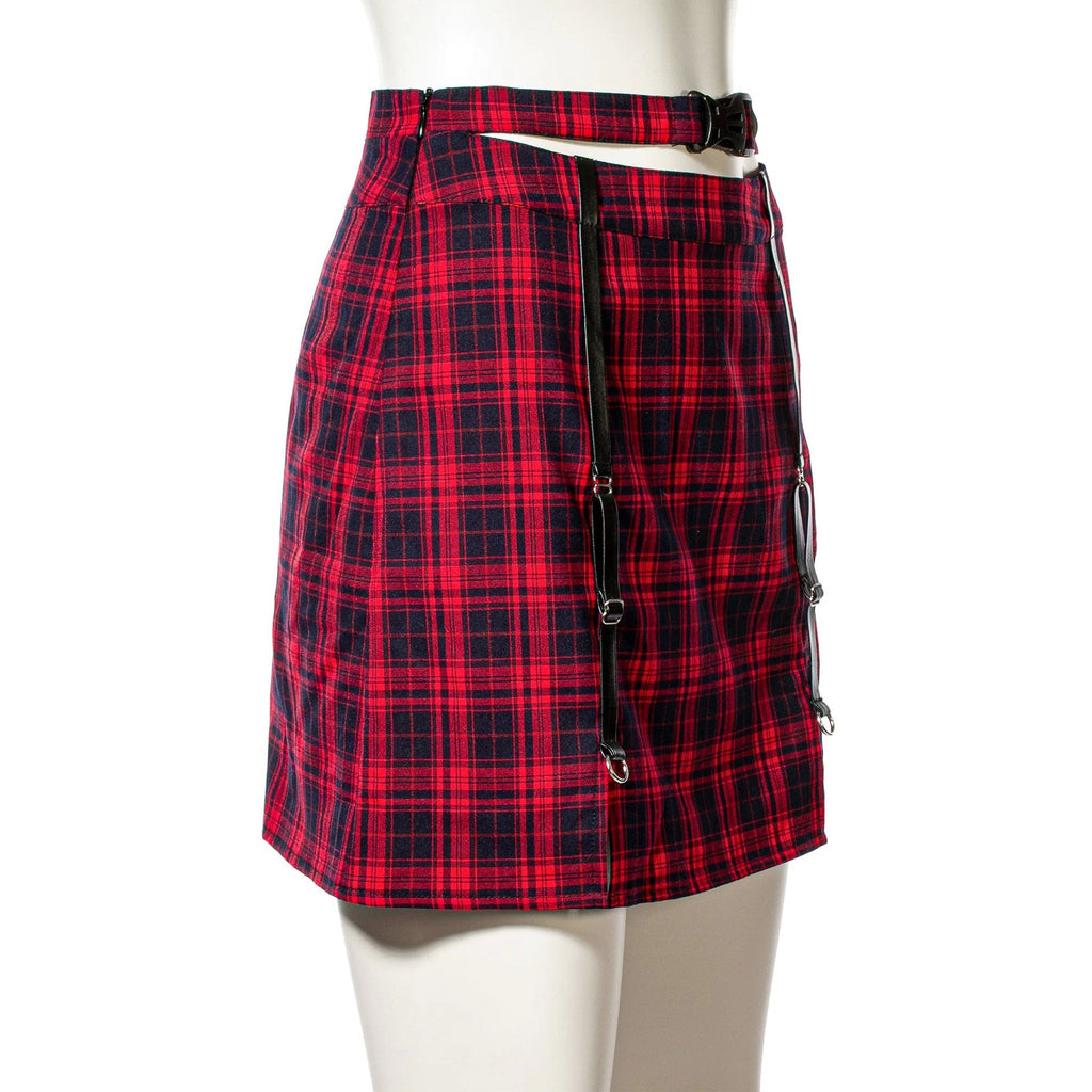 RNG Women's Grunge Cutout Buckle Plaid Skirt