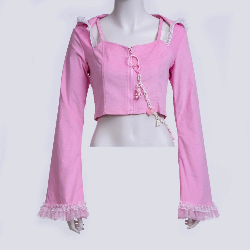 RNG Women's Grunge Lace Splice Jacket with Hood  Pink