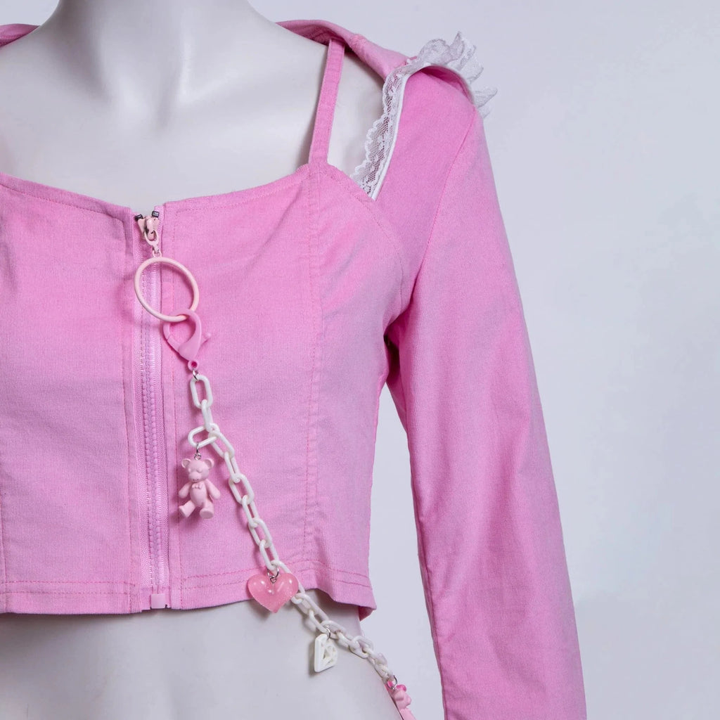 RNG Women's Grunge Lace Splice Jacket with Hood  Pink