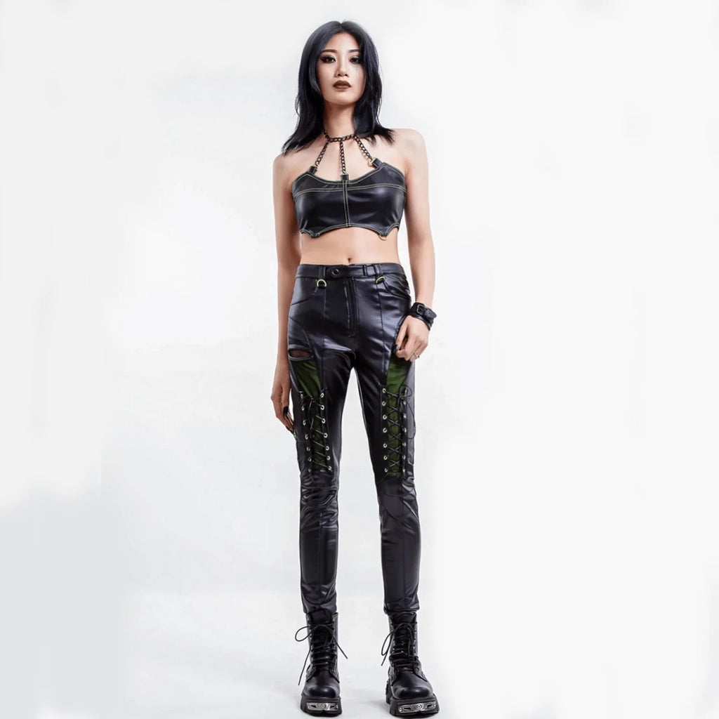 RNG Women's Punk Contrast Color Faux Leather Leggings