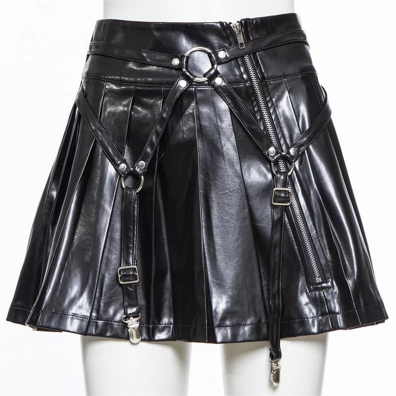 RNG Women's Punk Faux Leather Pleated Skirt