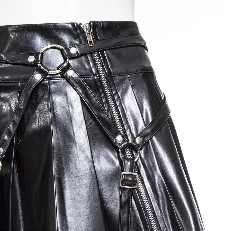 RNG Women's Punk Faux Leather Pleated Skirt
