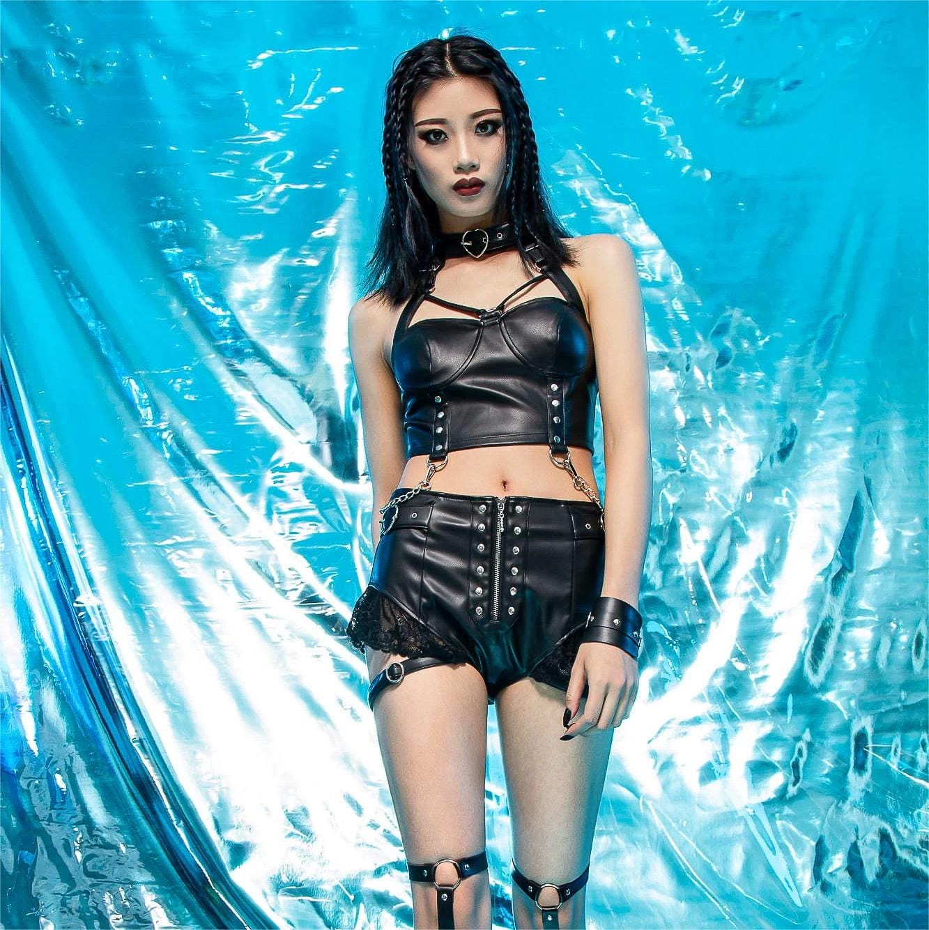 RNG Damen Punk Neckholder Kunstleder Weste mit Kette