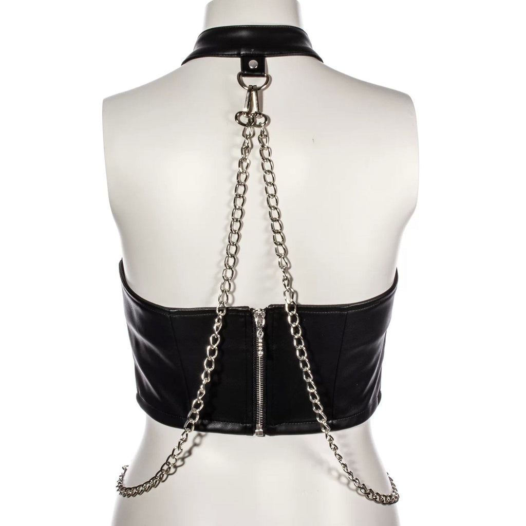 RNG Women's Punk Halterneck Faux Leather Vest with Chain
