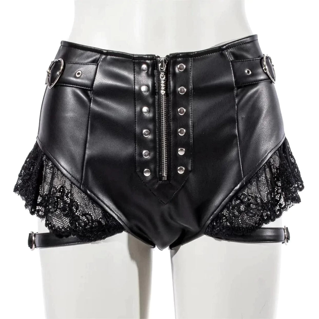 RNG Women's Punk Lace Splice Faux Leather Shorts